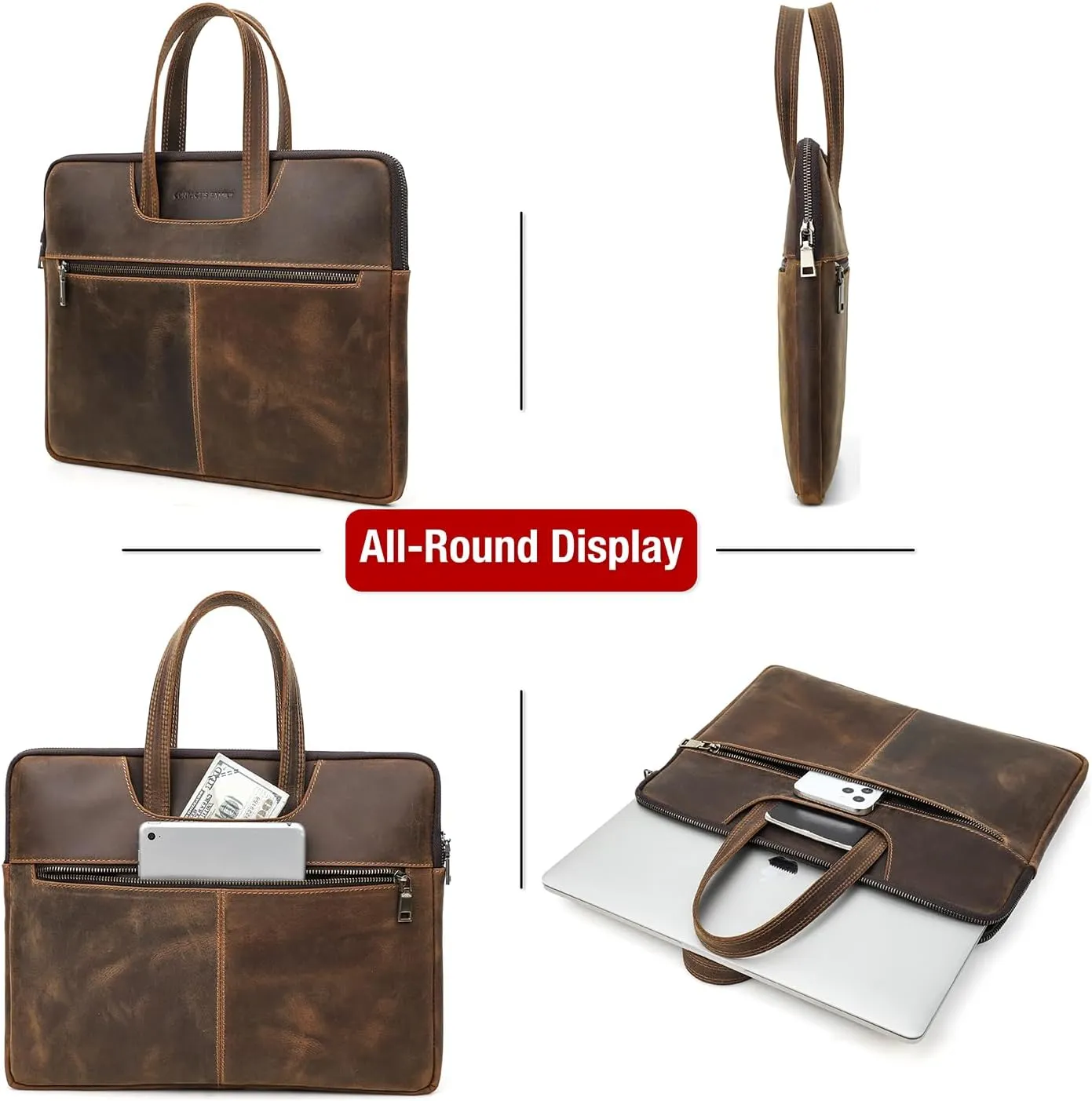 Top Grain Leather 15.4" Slim Laptop Briefcase Handbag, Vintage Design with 5 Pockets, Handmade, Compatible with MacBook Pro/Air 13.3"/14.2"/15.4"/16" & other Laptop/Tablet, Coffee 15.4 Inch