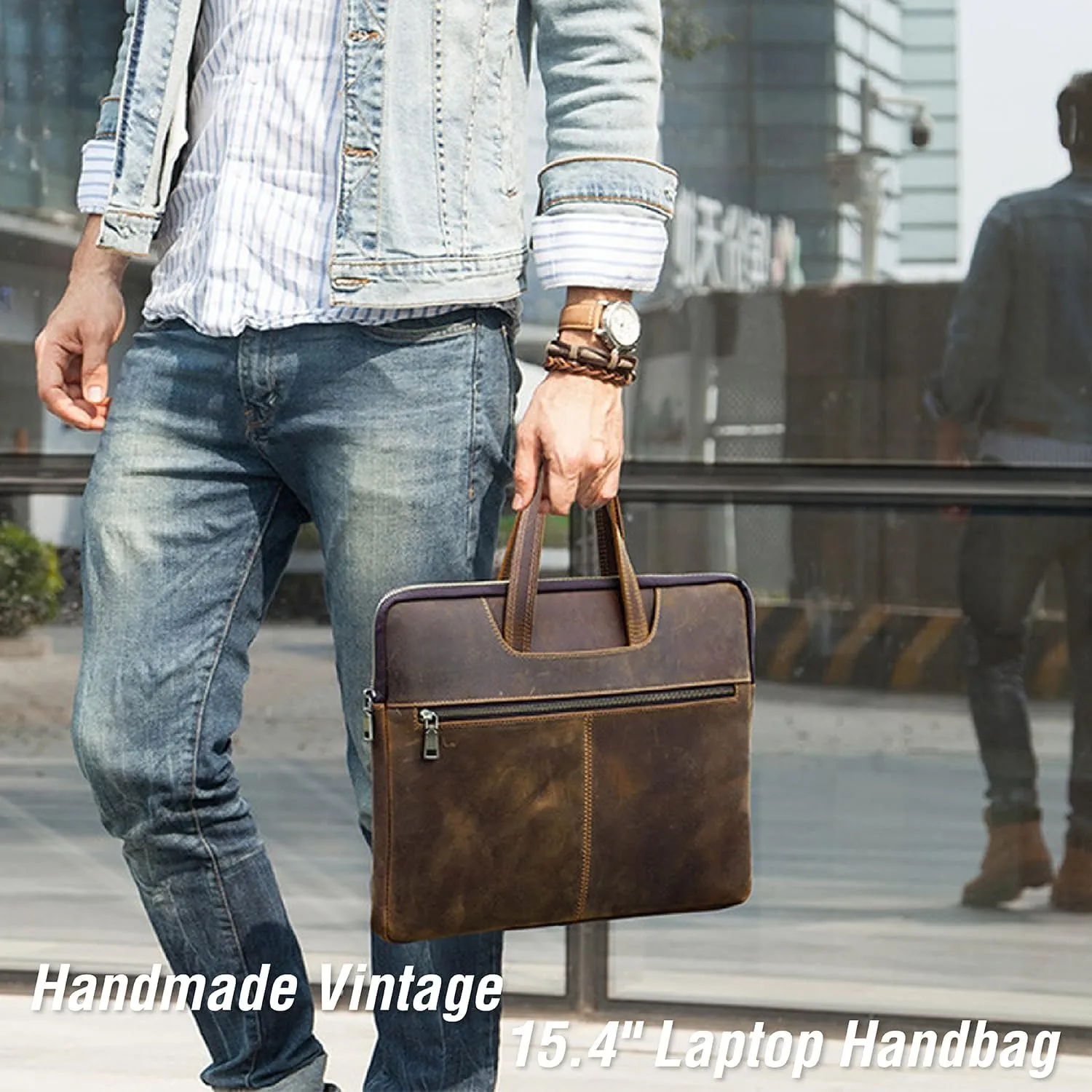 Top Grain Leather 15.4" Slim Laptop Briefcase Handbag, Vintage Design with 5 Pockets, Handmade, Compatible with MacBook Pro/Air 13.3"/14.2"/15.4"/16" & other Laptop/Tablet, Coffee 15.4 Inch