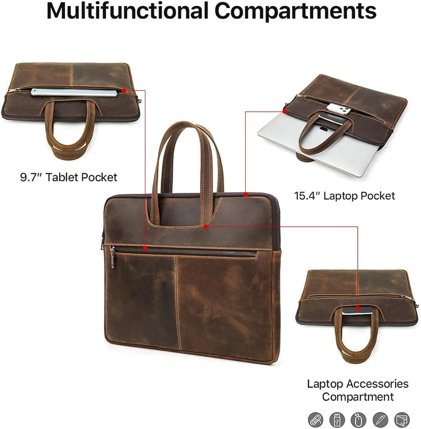 Top Grain Leather 15.4" Slim Laptop Briefcase Handbag, Vintage Design with 5 Pockets, Handmade, Compatible with MacBook Pro/Air 13.3"/14.2"/15.4"/16" & other Laptop/Tablet, Coffee 15.4 Inch