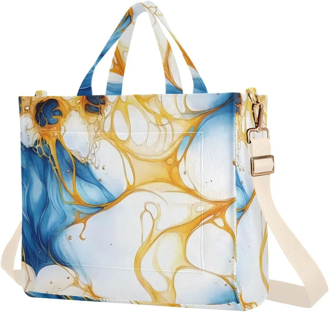 Tote Bag for Women Gold Blue Fluid Print, Corduroy Handbags Purses with Detachable Strap Size Small