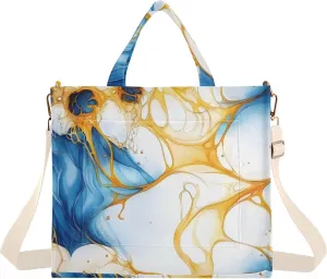Tote Bag for Women Gold Blue Fluid Print, Corduroy Handbags Purses with Detachable Strap Size Small