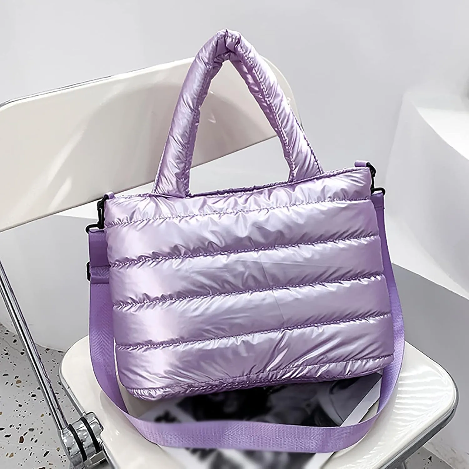 Tote Bag For Women Quilted Handbag Lightweight Winter Down Cotton Padded Shoulder Crossbody Handbags Down Padding Shopping A