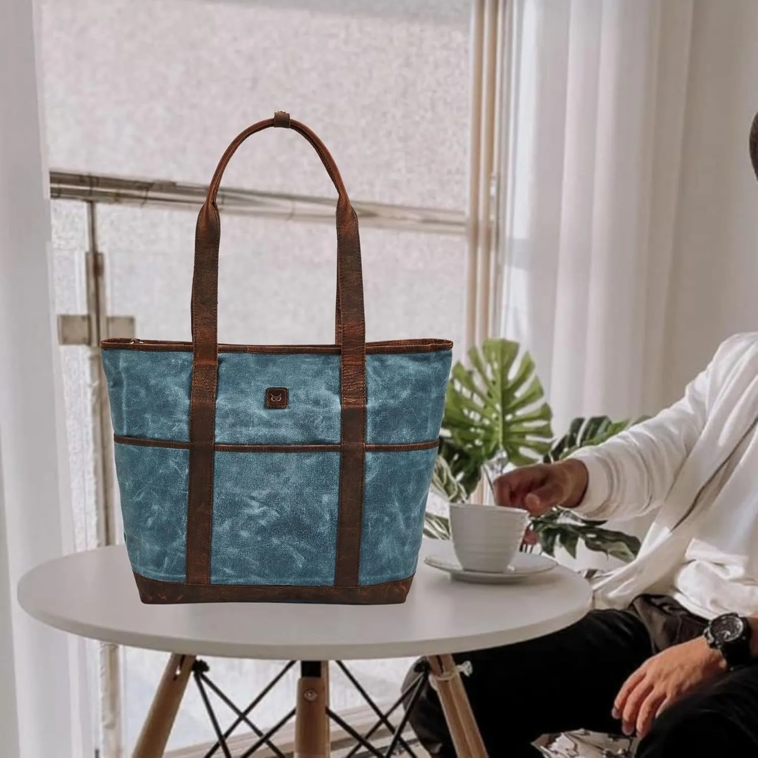 Tote Bag for Women Real Leather Shoulder Handbag Organizer Water Repellent Waxed Canvas