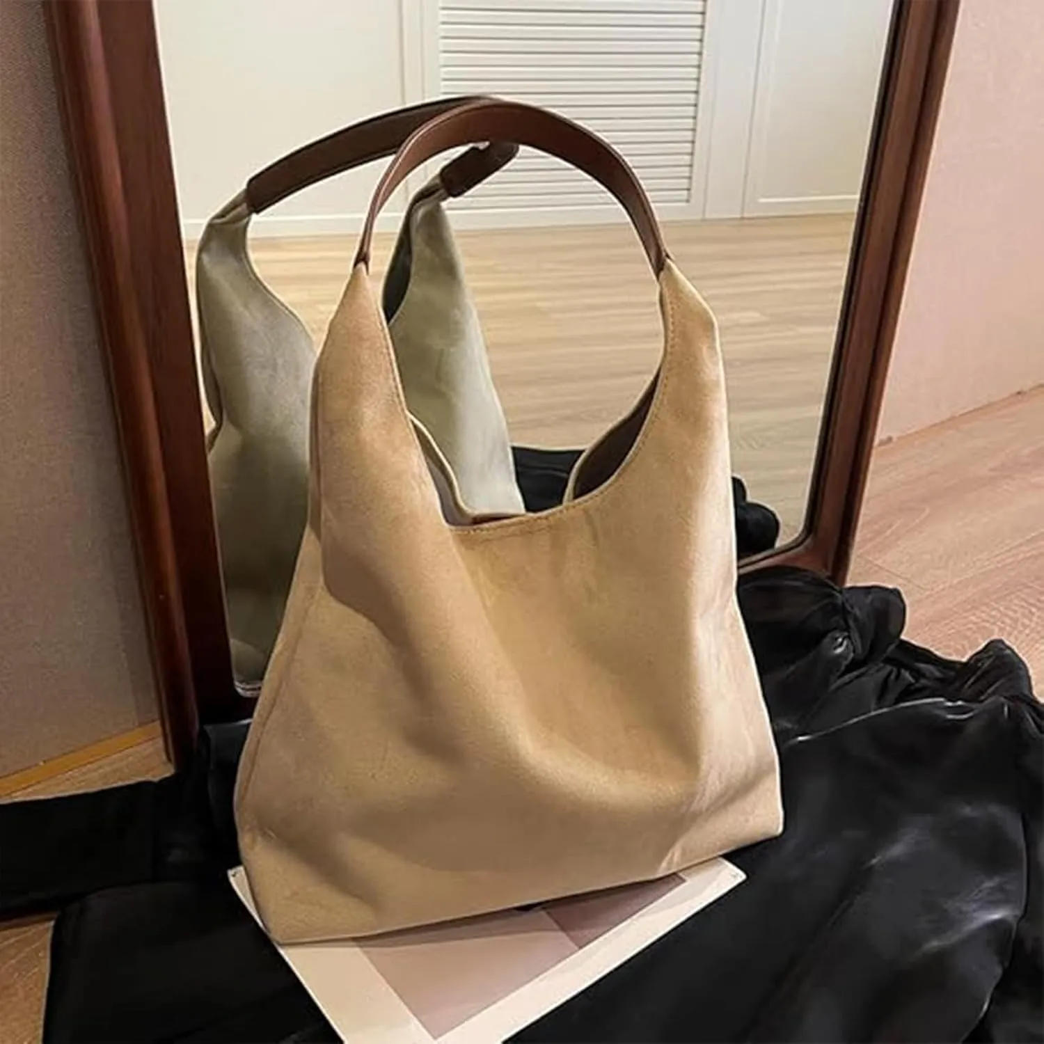 Tote Bags for Women Suede & Leather Hobo Shoulder Bag Fall Ladies Handbags Large Capacity Slouch Bag with Purses Bag