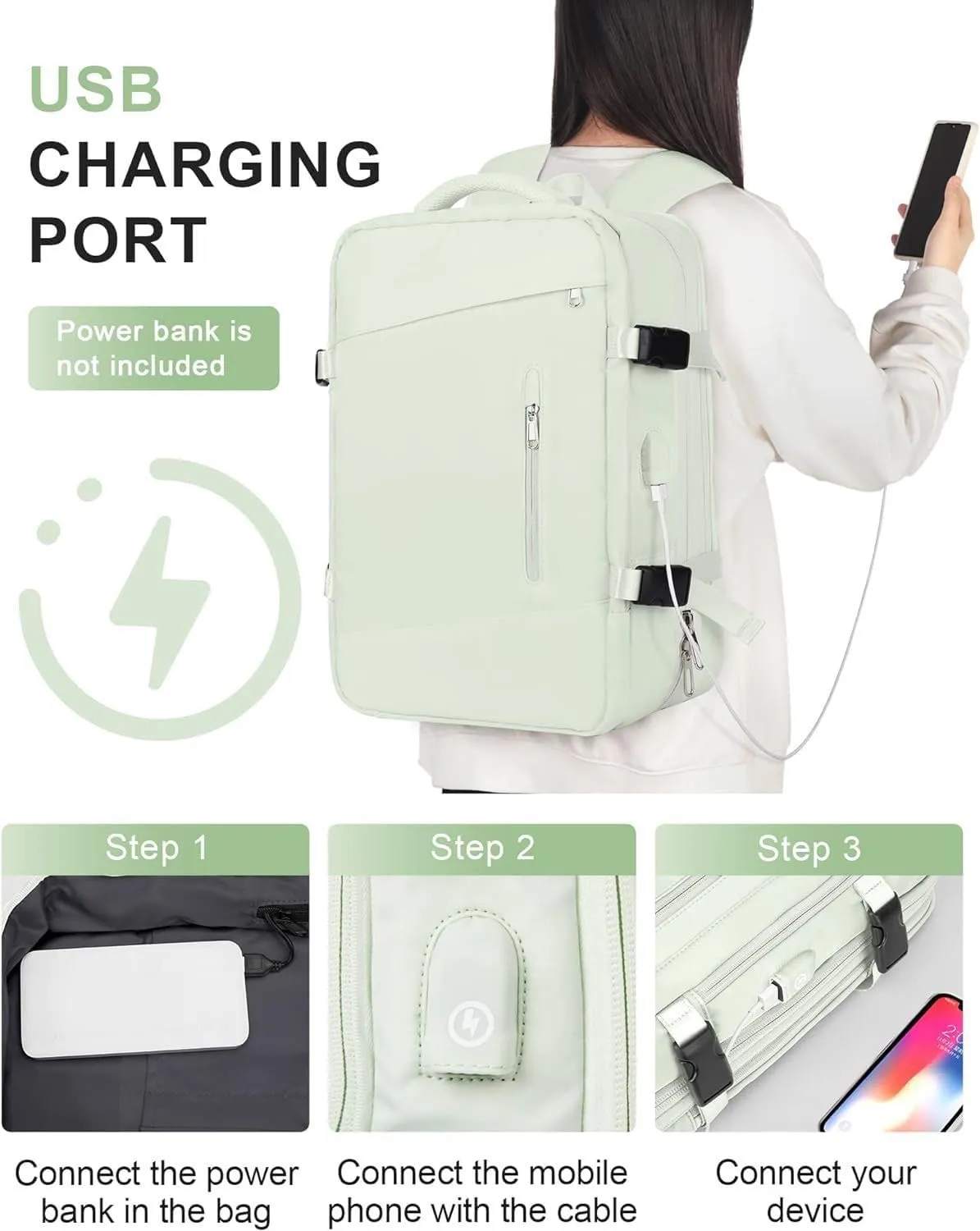 Travel backpack 17-inch Laptop Backpack for Work and Travel, Large Capacity, USB Charger Port, Anti-Theft Design (Mint Green)