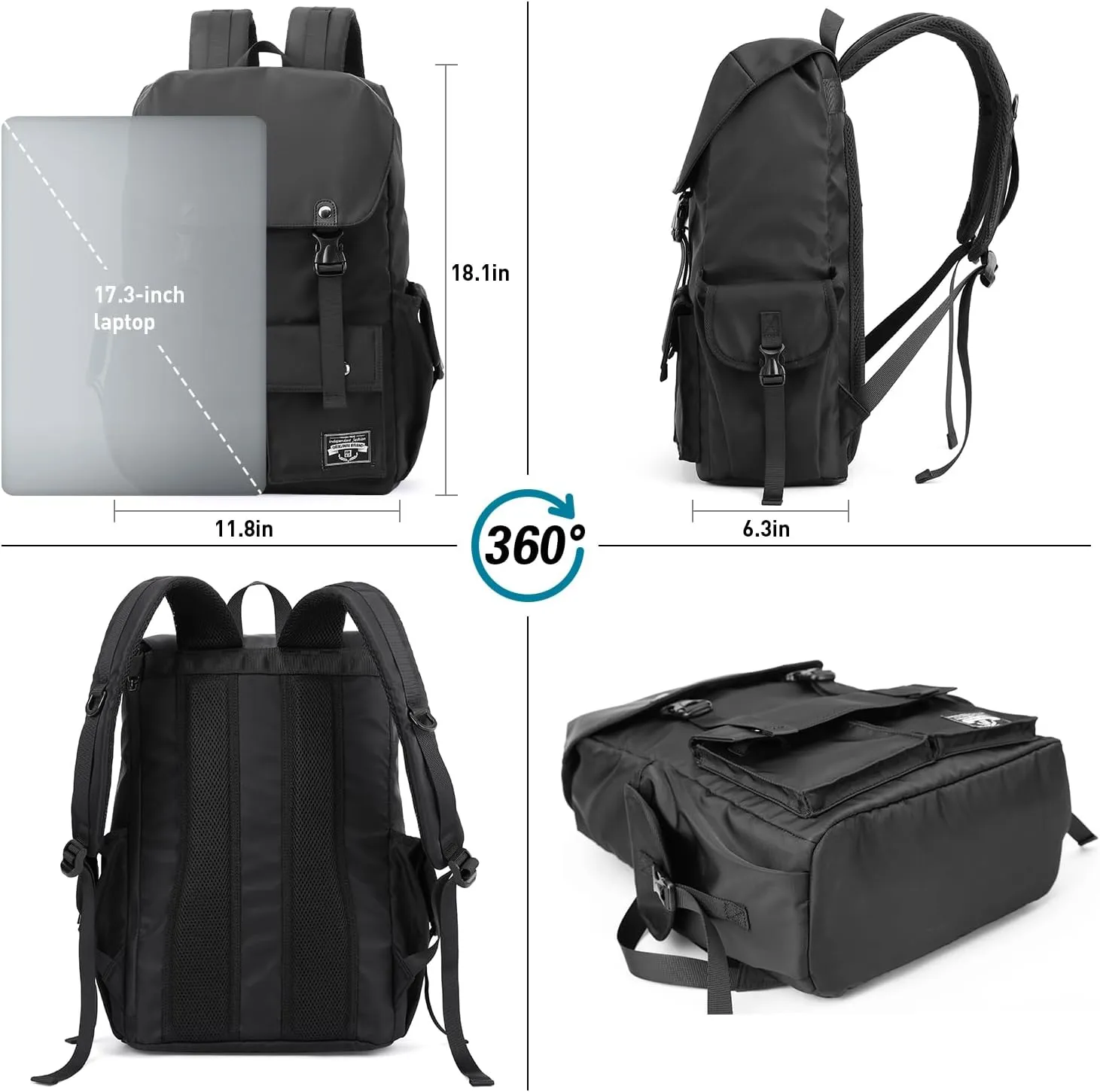 Travel Backpack For Men with 17.3 Inch Laptop Compartment Tech Backpack Waterproof for College Casual Outdoor Work (Black, Large)
