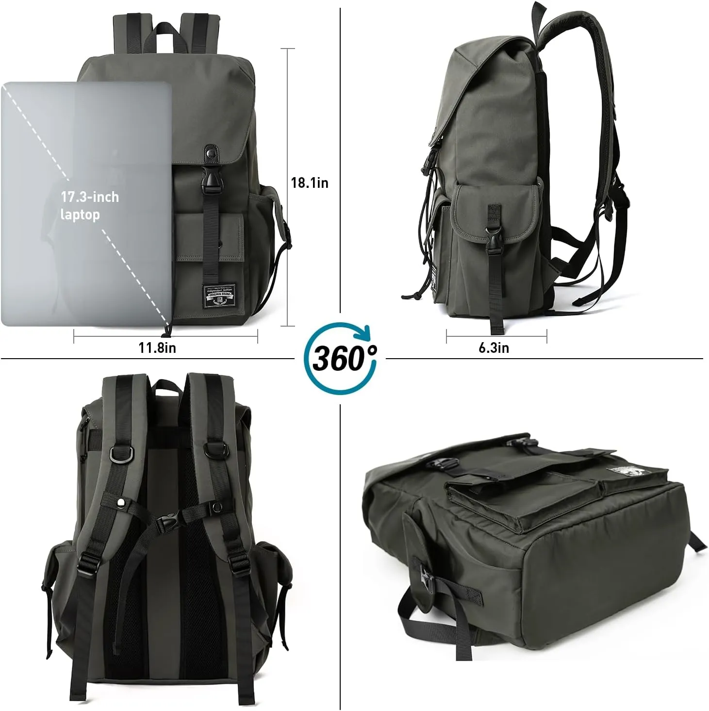Travel Backpack For Men with 17.3 Inch Laptop Compartment Tech Backpack Waterproof for College Casual Work Outdoor Rucksack Green