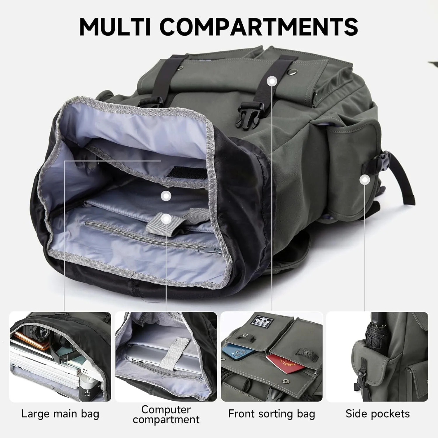 Travel Backpack For Men with 17.3 Inch Laptop Compartment Tech Backpack Waterproof for College Casual Work Outdoor Rucksack Green