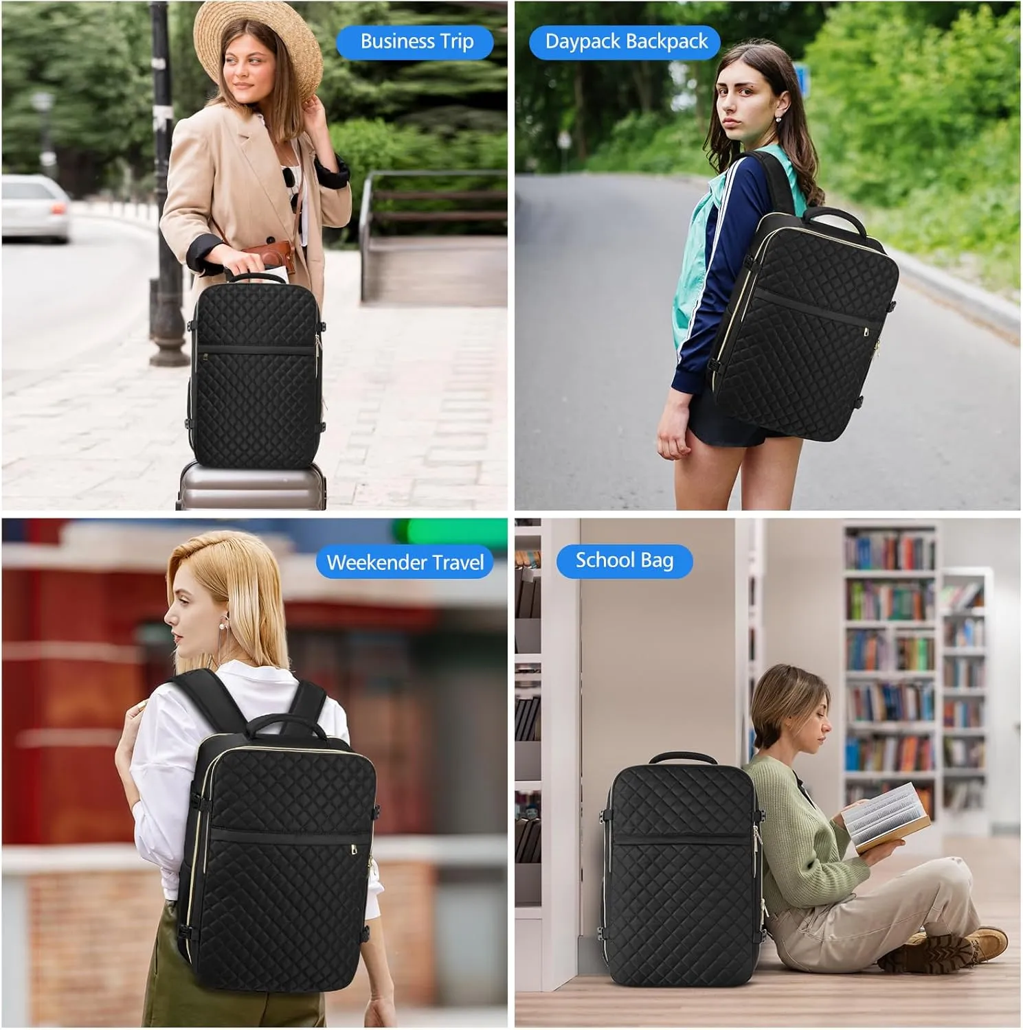 Travel Backpack for Women, Flight Approved Carry On Backpack, Large 40L Suitcase Backpacks Waterproof Luggage Bag Weekender Daypack Fit 18.4 Inch Laptop, Black