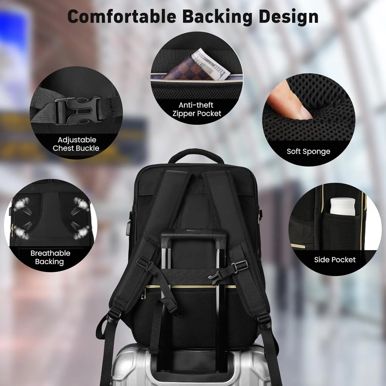 Travel Backpack for Women, Flight Approved Carry On Backpack, Large 40L Suitcase Backpacks Waterproof Luggage Bag Weekender Daypack Fit 18.4 Inch Laptop, Black