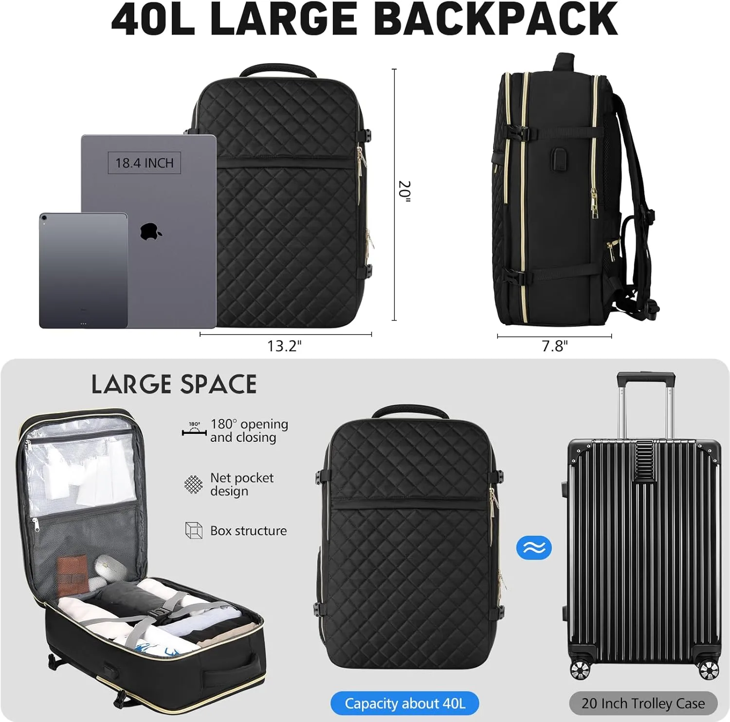 Travel Backpack for Women, Flight Approved Carry On Backpack, Large 40L Suitcase Backpacks Waterproof Luggage Bag Weekender Daypack Fit 18.4 Inch Laptop, Black