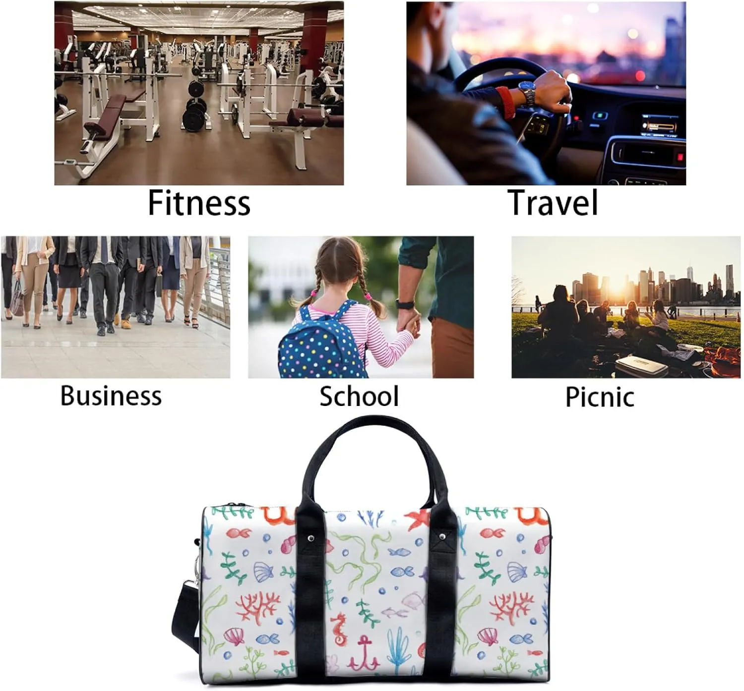 Travel Duffle Bag Ocean Seaweed Print Large Capacity Personal Item with Adjustable Strap Lightweight Weekender Bag Overnight Bag Gym Bag