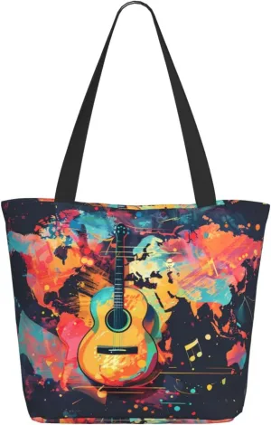 Travel Tote Bag for Women Work - Lightweight World Map Guitar Illustration Shoulder Bag Nurse Bag Beach Handbags for Women, Fashion Large Tote Purse for Women with Zipper