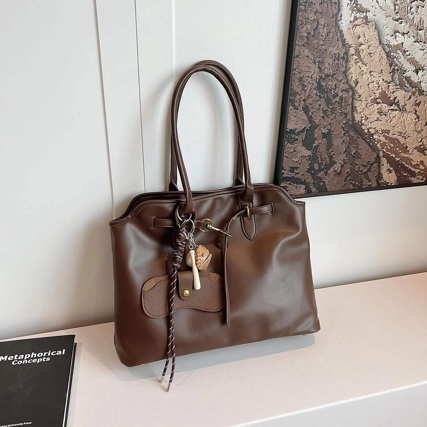 Trendy Tote Bag for Women PU Leather Vintage Work Tote Top Handle Travel Handbag