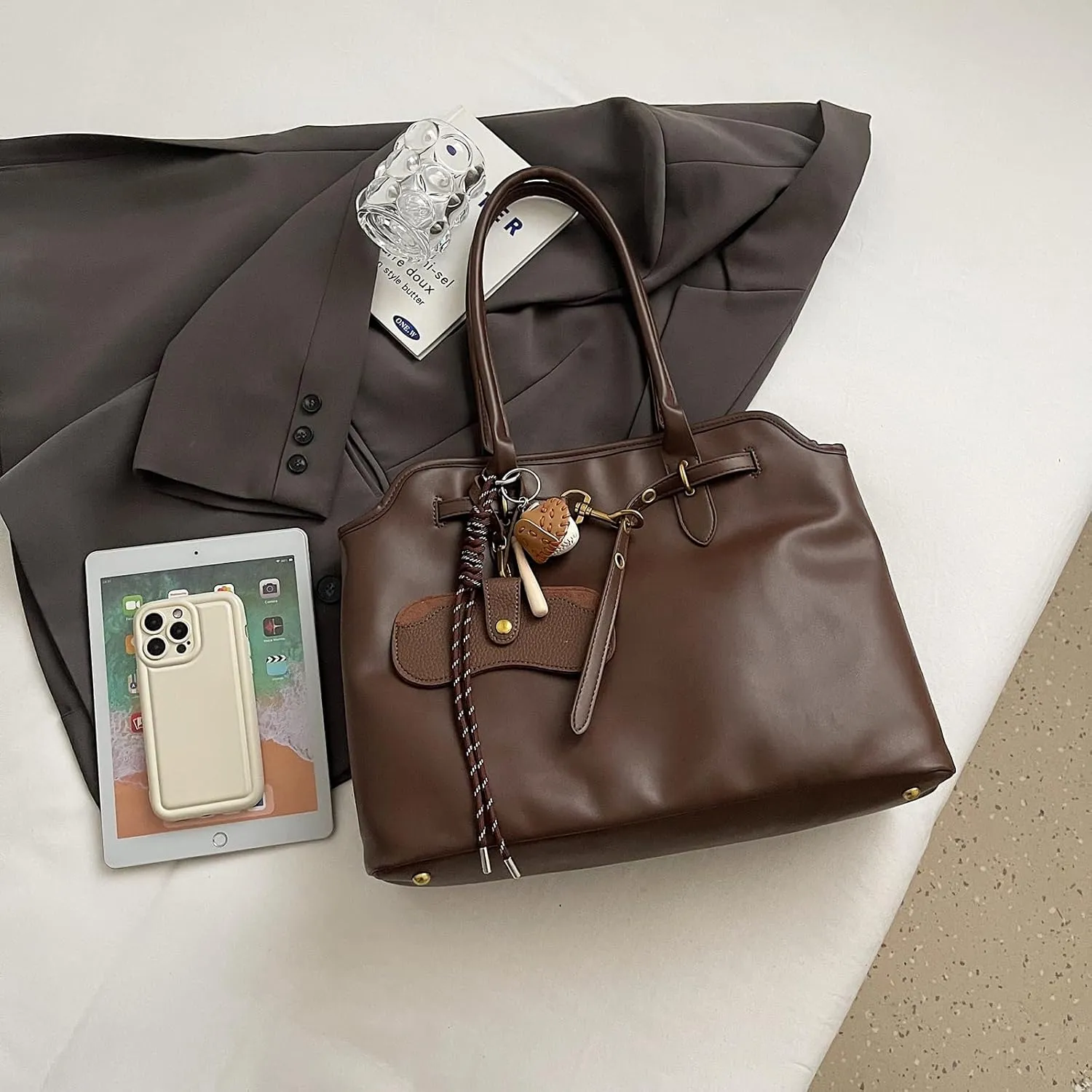 Trendy Tote Bag for Women PU Leather Vintage Work Tote Top Handle Travel Handbag