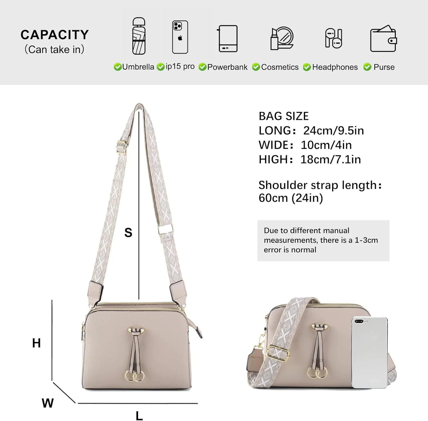 Triple Zip Small Crossbody Bags for Women Vegan Leather Purses Shoulder Handbags,Wide Strap Cell Phone Purse