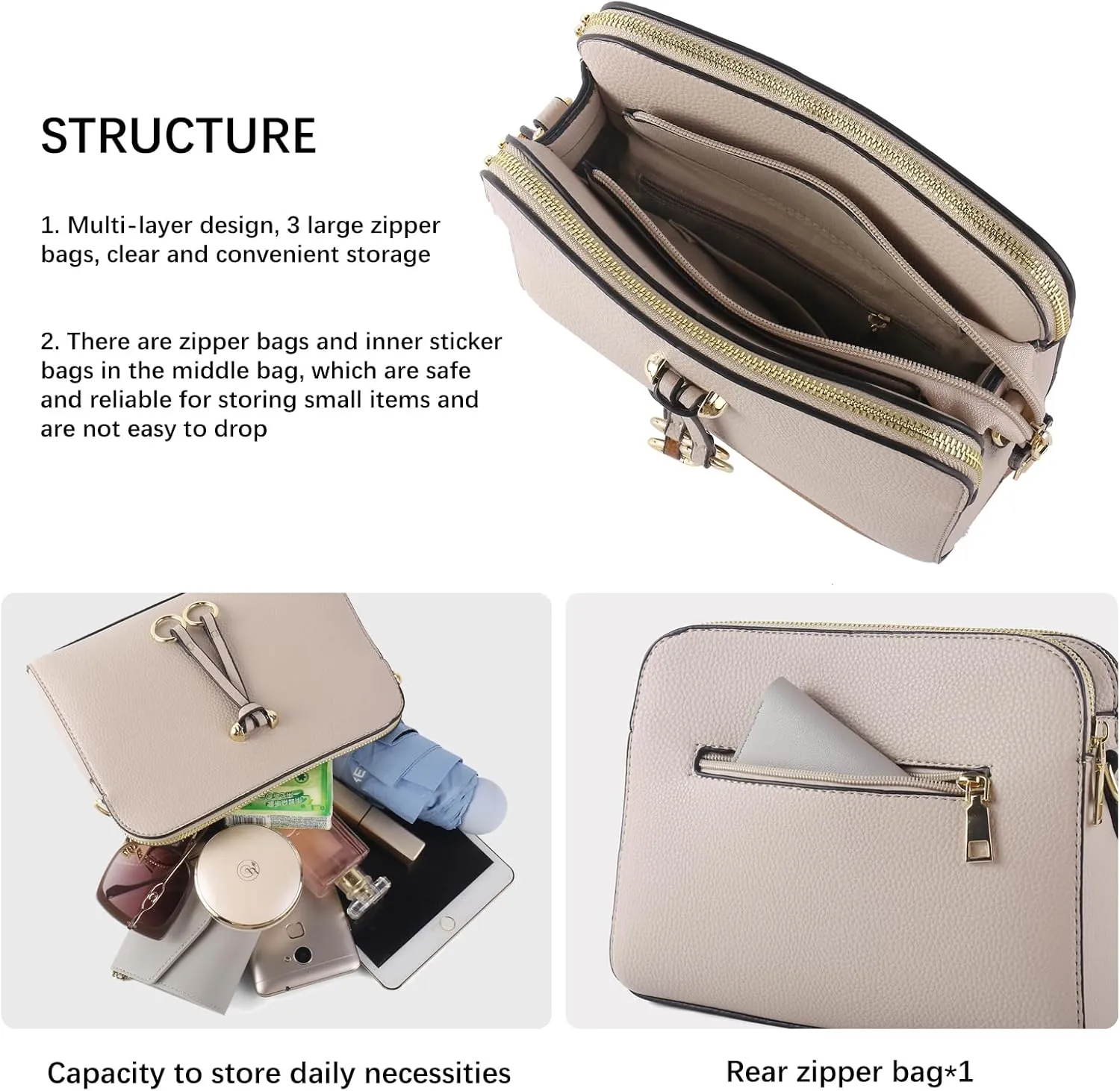 Triple Zip Small Crossbody Bags for Women Vegan Leather Purses Shoulder Handbags,Wide Strap Cell Phone Purse
