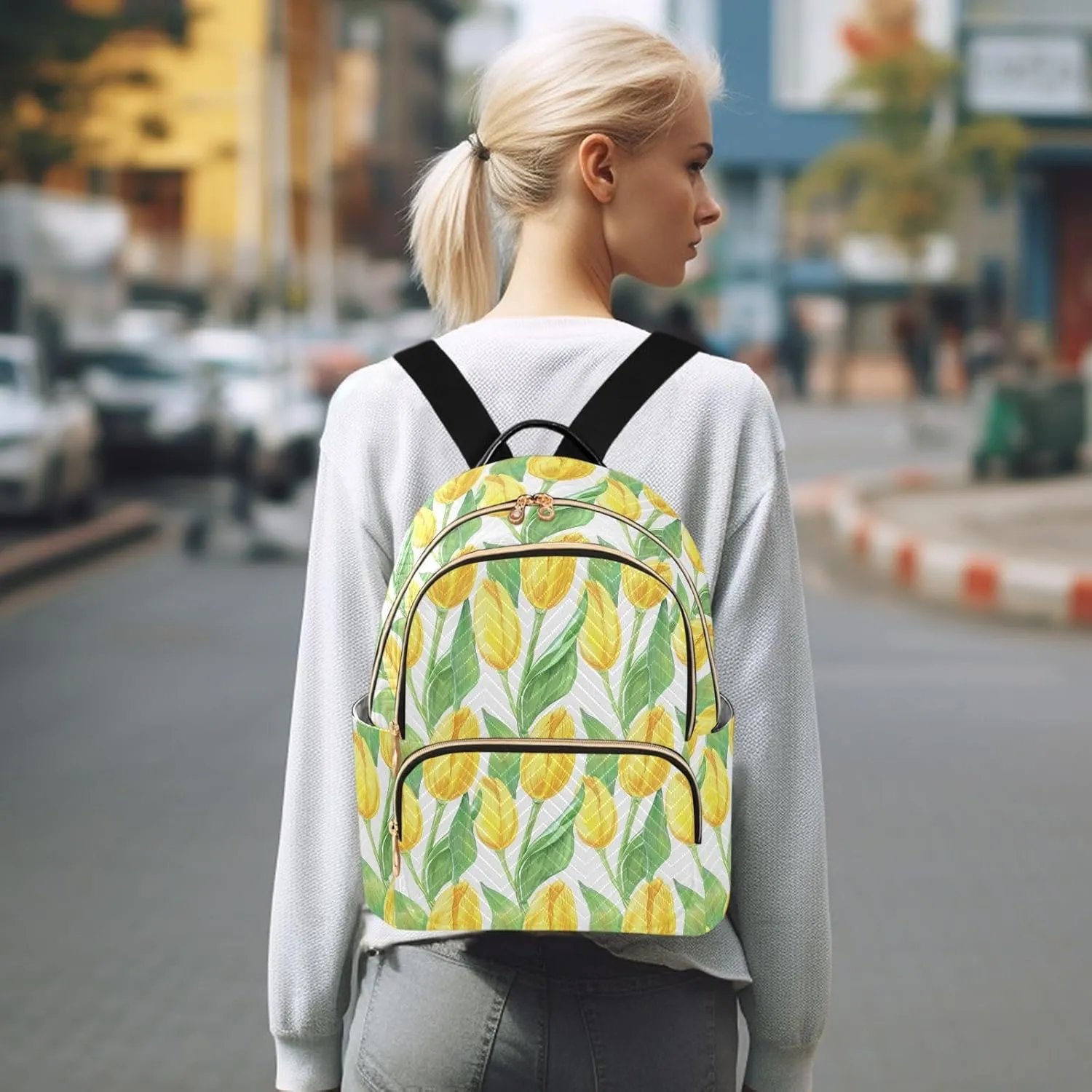 Tulips Flower White Backpack Purse for Women College Shoulder Bags with Anti-theft Back for Camping Work M