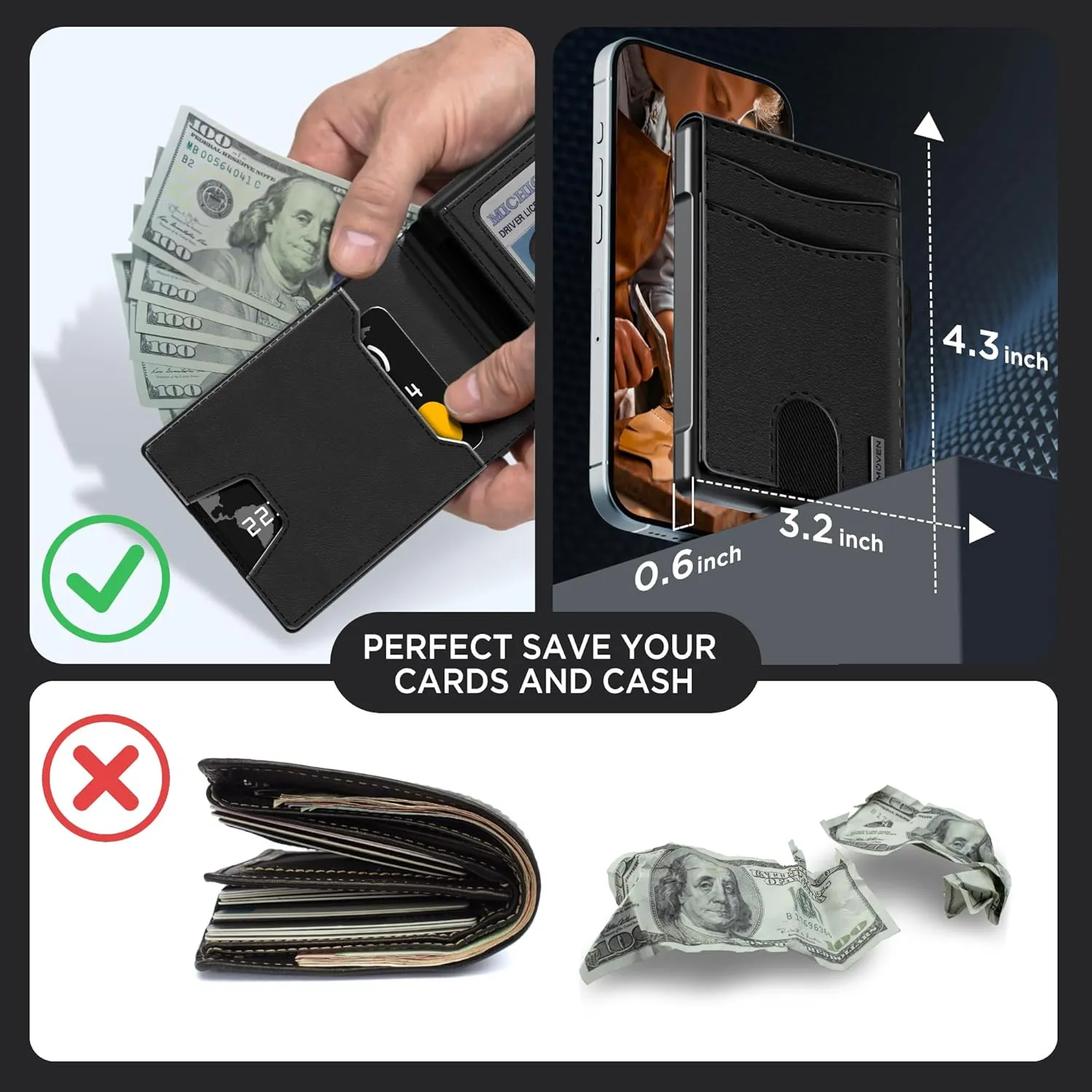 umoven Wallet for Men - Pop Up Case, Cash Slot, and Credit Card Slot - Slim Aluminum Wallet with RFID Blocking, Minimalist Leather Wallet Front Pocket with ID Window (Black)