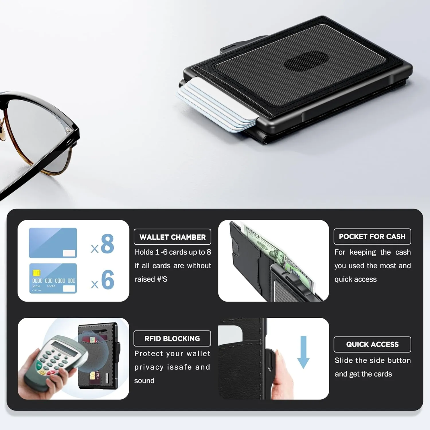 umoven Wallet for Men - Pop Up Case, Cash Slot, and Credit Card Slot - Slim Aluminum Wallet with RFID Blocking, Minimalist Leather Wallet Front Pocket with ID Window (Black)
