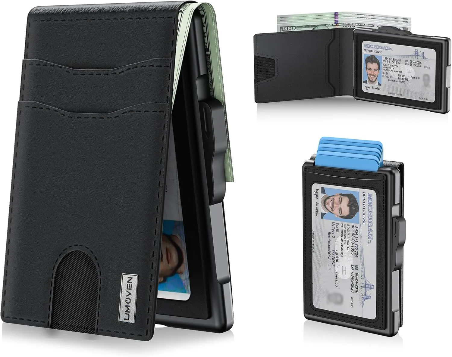 umoven Wallet for Men - Pop Up Case, Cash Slot, and Credit Card Slot - Slim Aluminum Wallet with RFID Blocking, Minimalist Leather Wallet Front Pocket with ID Window (Black)