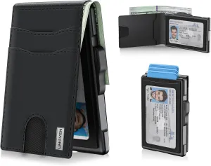 umoven Wallet for Men - Pop Up Case, Cash Slot, and Credit Card Slot - Slim Aluminum Wallet with RFID Blocking, Minimalist Leather Wallet Front Pocket with ID Window (Black)