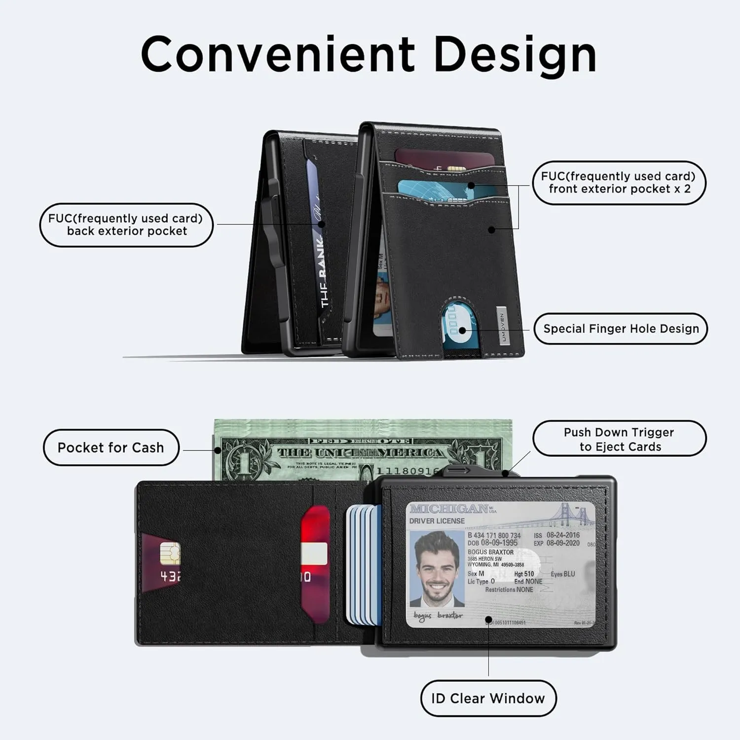 umoven Wallet for Men - Pop Up Case, Cash Slot, and Credit Card Slot - Slim Aluminum Wallet with RFID Blocking, Minimalist Leather Wallet Front Pocket with ID Window (Black)
