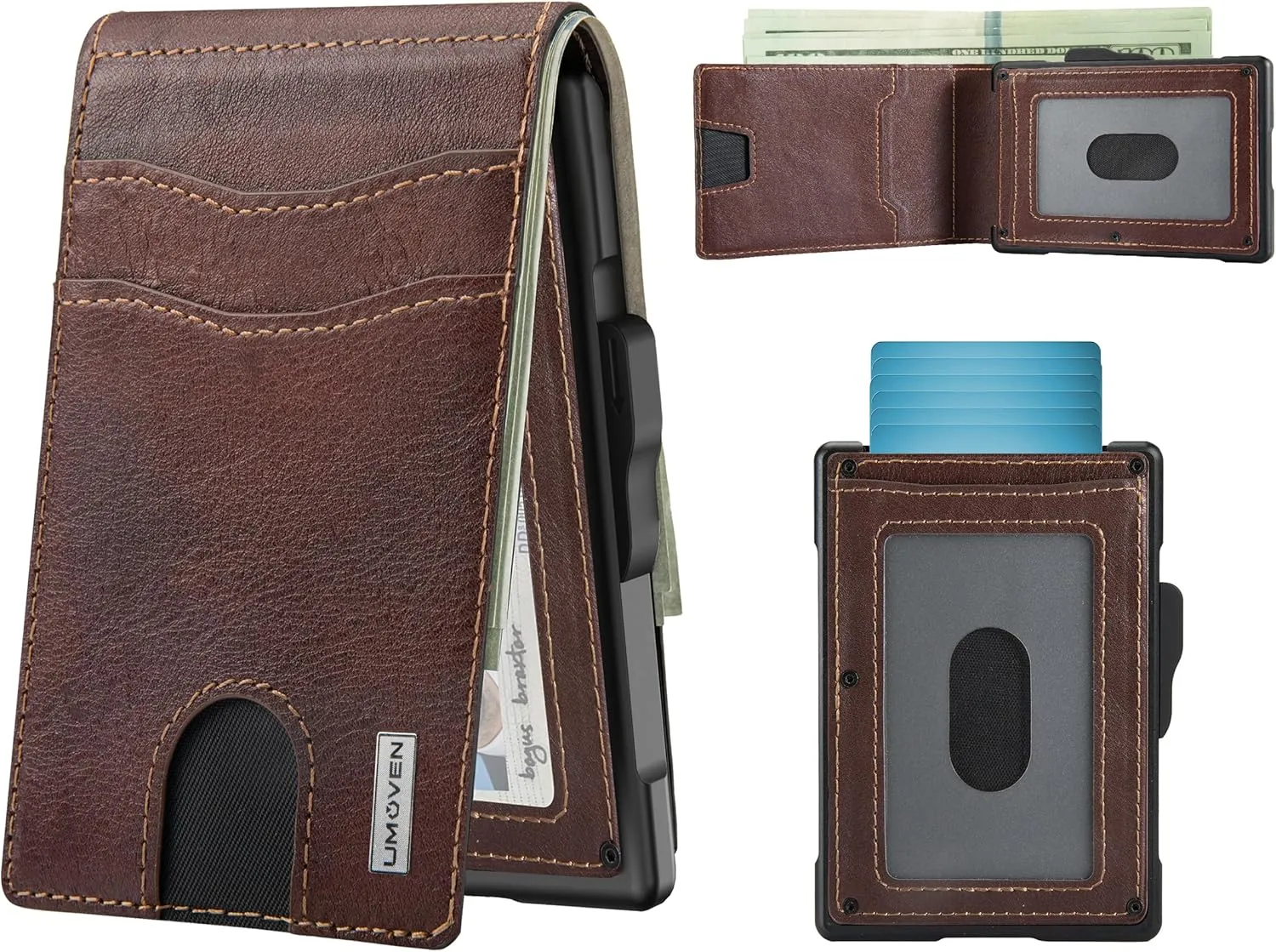 umoven Wallet for Men - Pop Up Case, Cash Slot, and Credit Card Slot - Slim Aluminum Wallet with RFID Blocking, Minimalist Leather Wallet Front Pocket with ID Window (Brown Red)