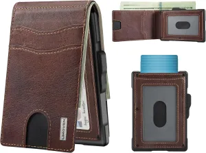 umoven Wallet for Men - Pop Up Case, Cash Slot, and Credit Card Slot - Slim Aluminum Wallet with RFID Blocking, Minimalist Leather Wallet Front Pocket with ID Window (Brown Red)