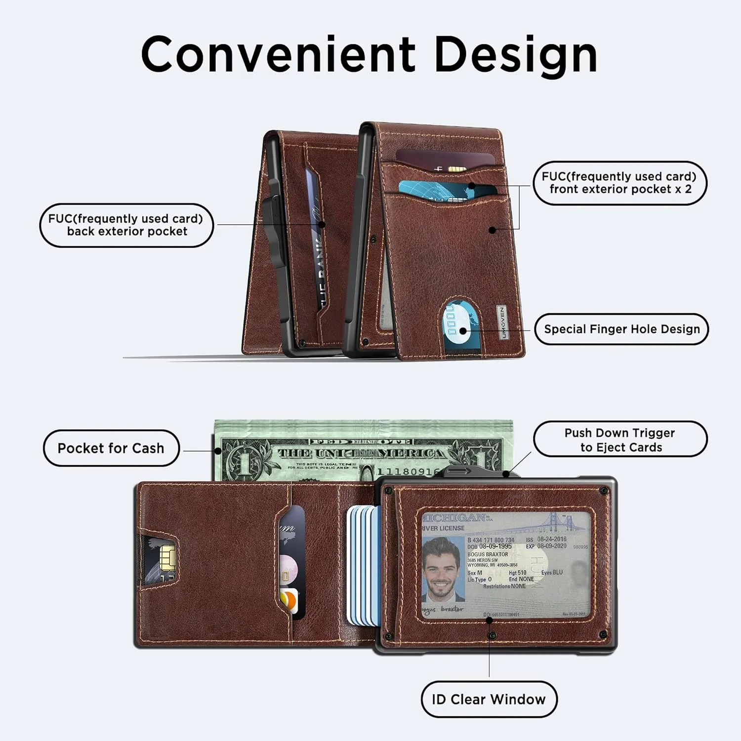 umoven Wallet for Men - Pop Up Case, Cash Slot, and Credit Card Slot - Slim Aluminum Wallet with RFID Blocking, Minimalist Leather Wallet Front Pocket with ID Window (Brown Red)