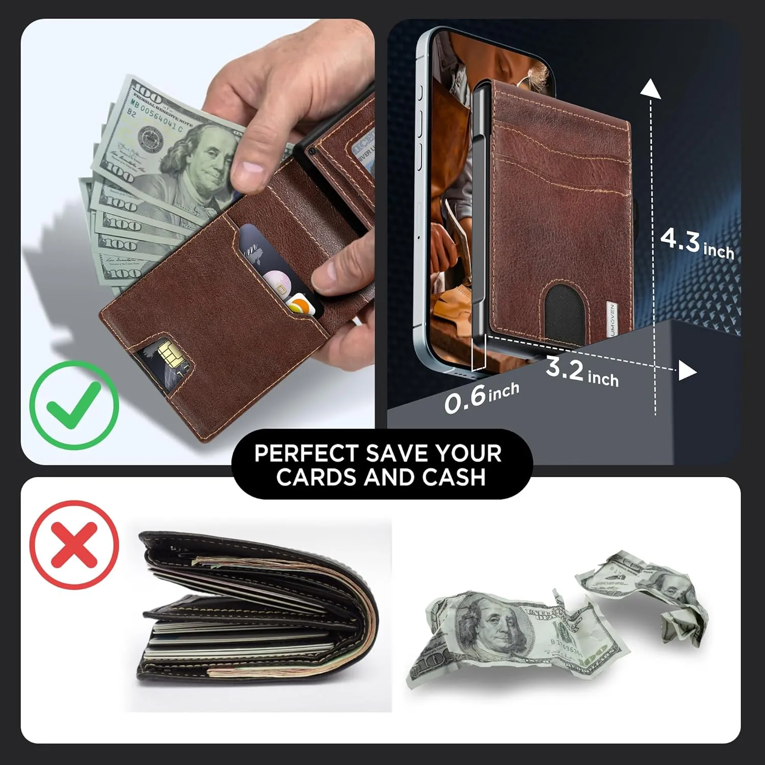 umoven Wallet for Men - Pop Up Case, Cash Slot, and Credit Card Slot - Slim Aluminum Wallet with RFID Blocking, Minimalist Leather Wallet Front Pocket with ID Window (Brown Red)
