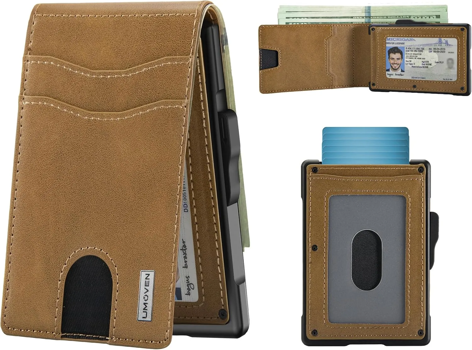 umoven Wallet for Men - Pop Up Case, Cash Slot, and Credit Card Slot - Slim Aluminum Wallet with RFID Blocking, Minimalist Leather Wallet Front Pocket with ID Window (Browns)