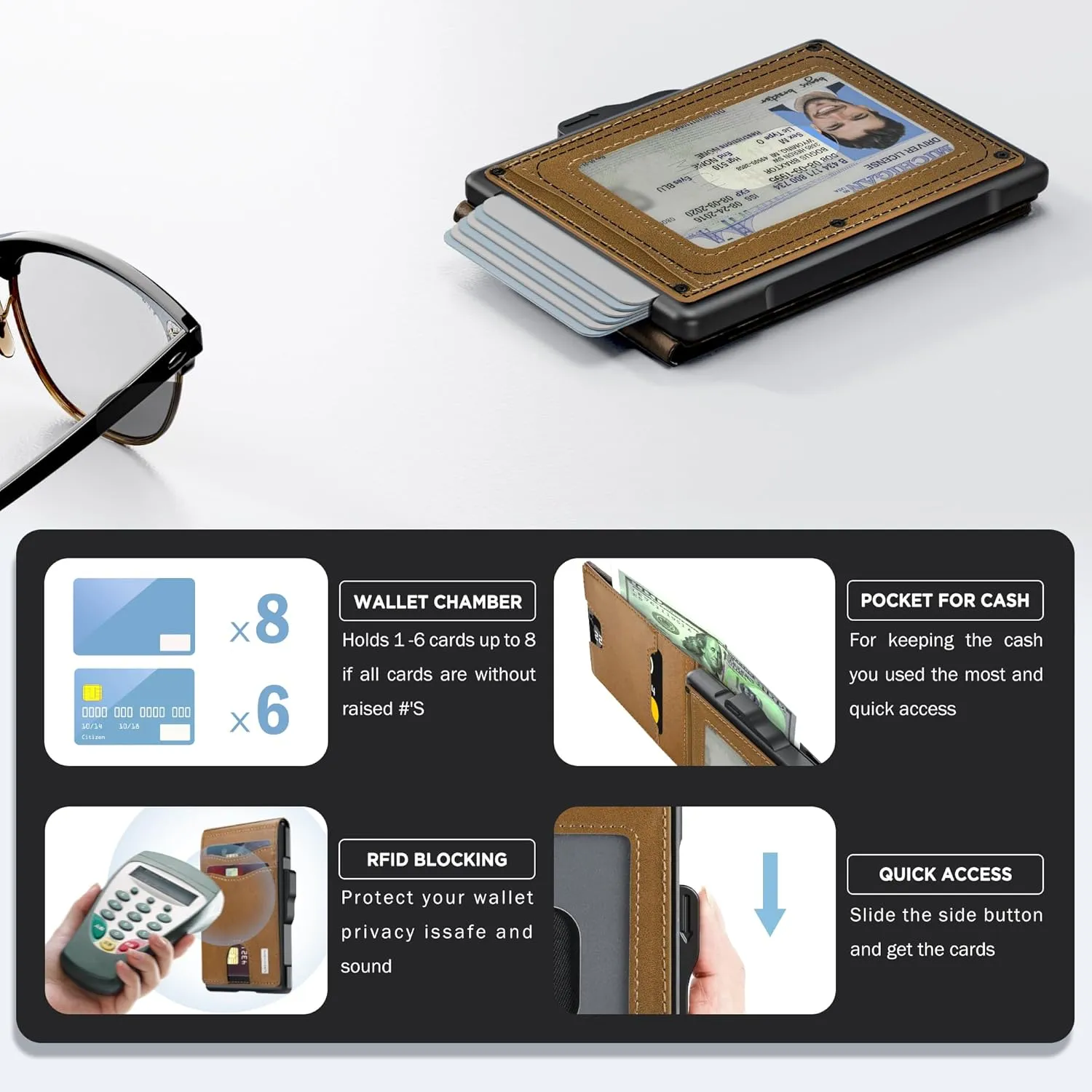 umoven Wallet for Men - Pop Up Case, Cash Slot, and Credit Card Slot - Slim Aluminum Wallet with RFID Blocking, Minimalist Leather Wallet Front Pocket with ID Window (Browns)