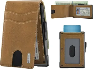 umoven Wallet for Men - Pop Up Case, Cash Slot, and Credit Card Slot - Slim Aluminum Wallet with RFID Blocking, Minimalist Leather Wallet Front Pocket with ID Window (Browns)
