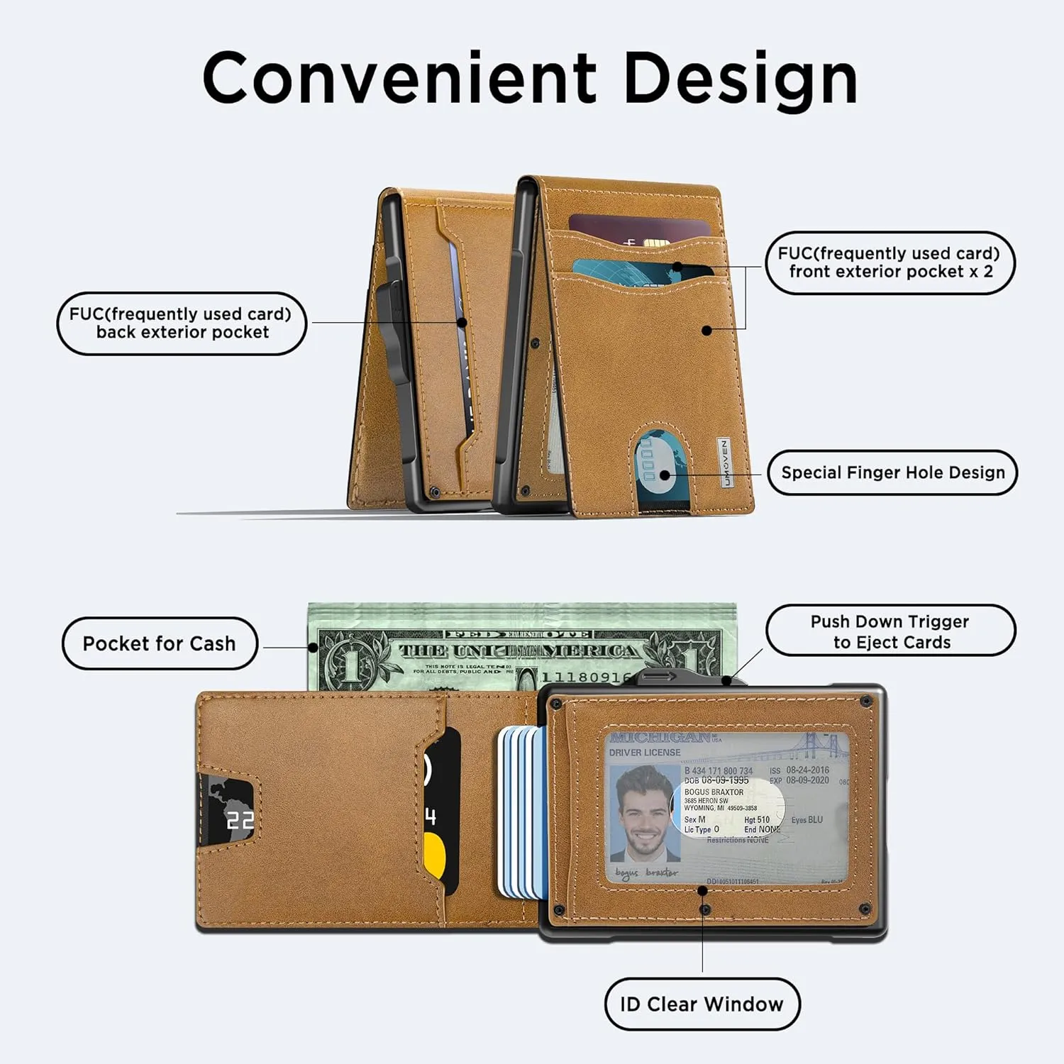 umoven Wallet for Men - Pop Up Case, Cash Slot, and Credit Card Slot - Slim Aluminum Wallet with RFID Blocking, Minimalist Leather Wallet Front Pocket with ID Window (Browns)