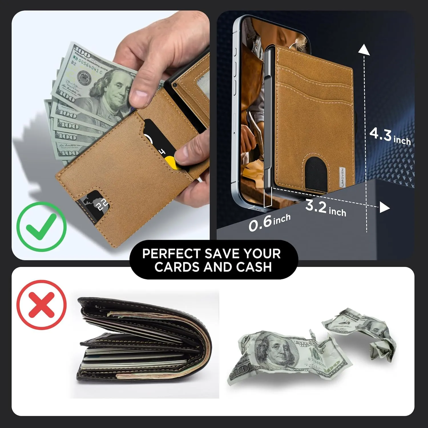 umoven Wallet for Men - Pop Up Case, Cash Slot, and Credit Card Slot - Slim Aluminum Wallet with RFID Blocking, Minimalist Leather Wallet Front Pocket with ID Window (Browns)