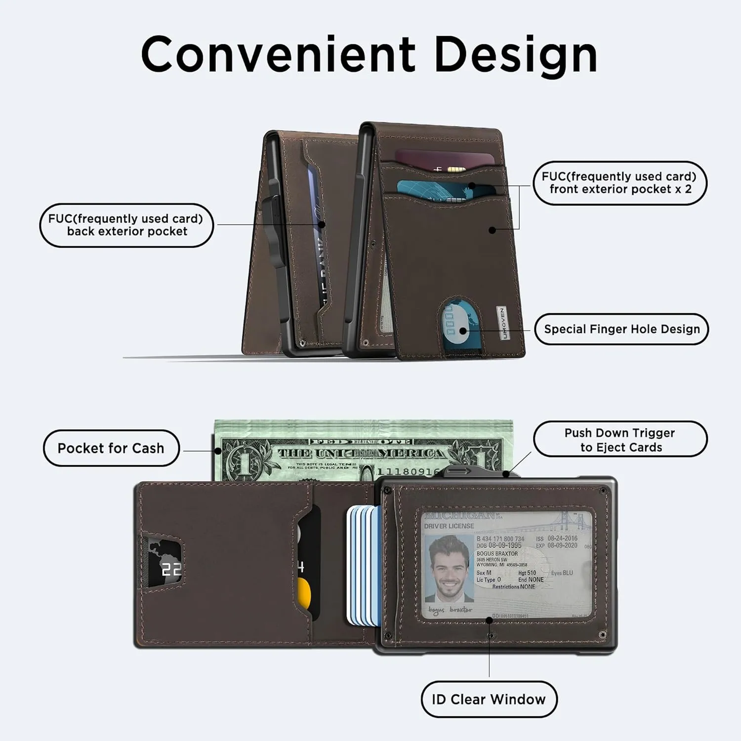 umoven Wallet for Men - Pop Up Case, Cash Slot, and Credit Card Slot - Slim Aluminum Wallet with RFID Blocking, Minimalist Leather Wallet Front Pocket with ID Window (Coffee Brown)
