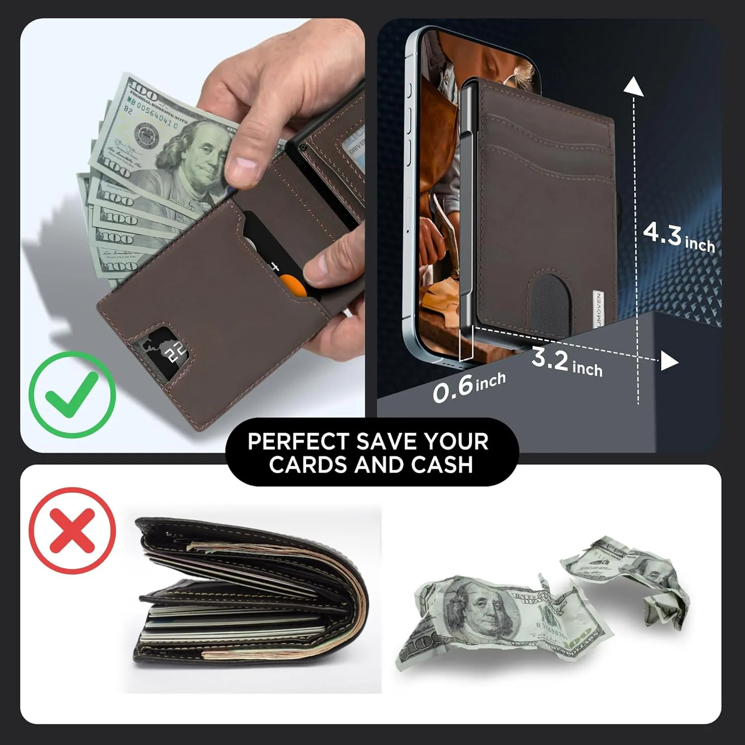 umoven Wallet for Men - Pop Up Case, Cash Slot, and Credit Card Slot - Slim Aluminum Wallet with RFID Blocking, Minimalist Leather Wallet Front Pocket with ID Window (Coffee Brown)