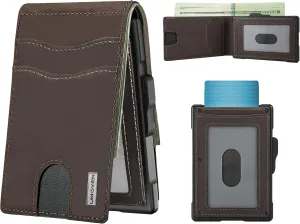 umoven Wallet for Men - Pop Up Case, Cash Slot, and Credit Card Slot - Slim Aluminum Wallet with RFID Blocking, Minimalist Leather Wallet Front Pocket with ID Window (Coffee Brown)