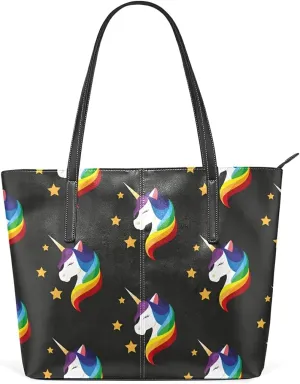 Unicorn Rainbow Mane Tote Bag for Women Leather Shoulder Handbag with Zipper and Pockets Fashion Casual Handle Bag Purse for Travel Beach Working Laptop School Gym Shopping