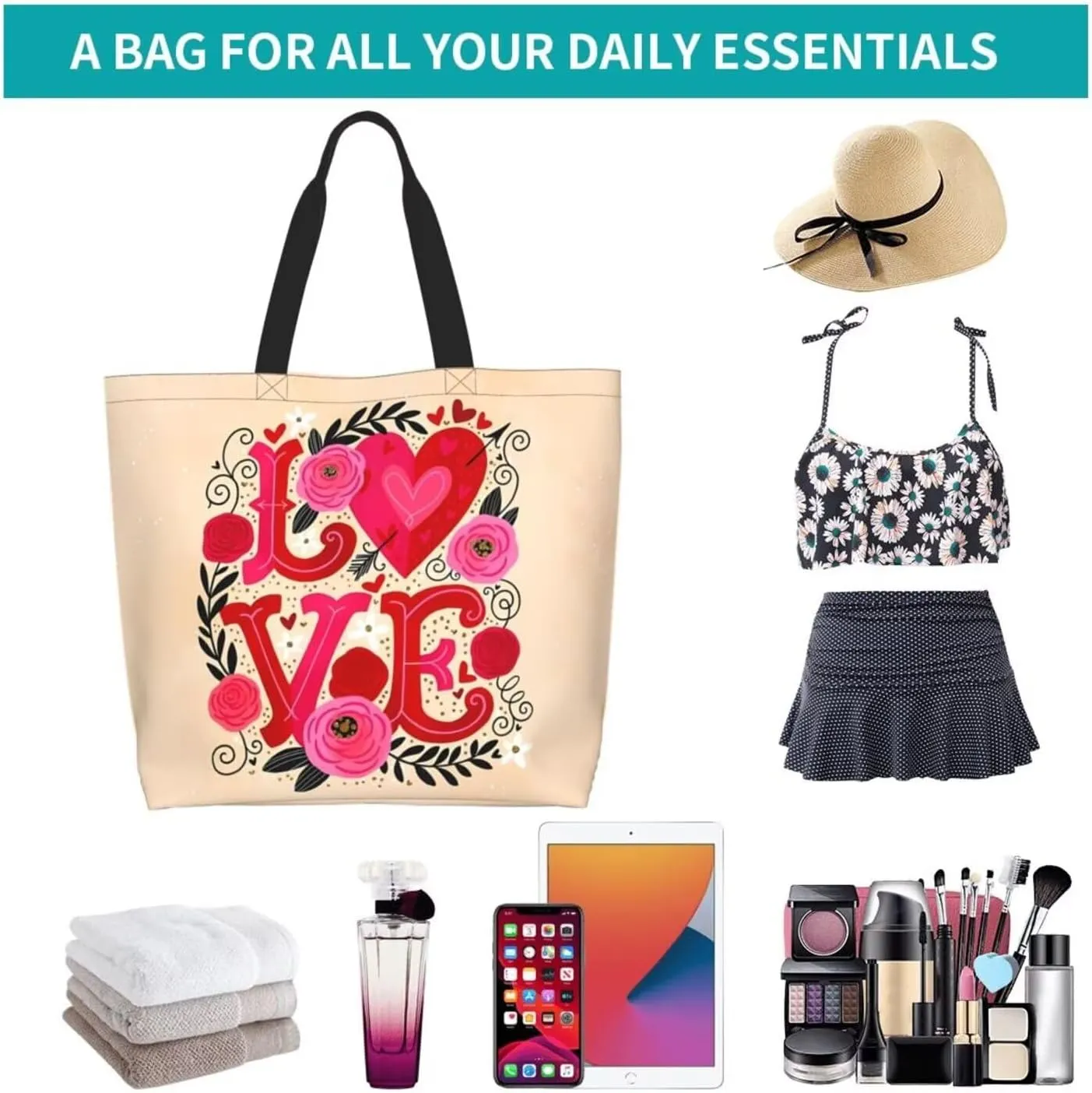 Valentine's Tote Bag Large with Interior Pocket Tote Bag Reusable by Shoulder Tote Bags Travel Bags Shopping Gift