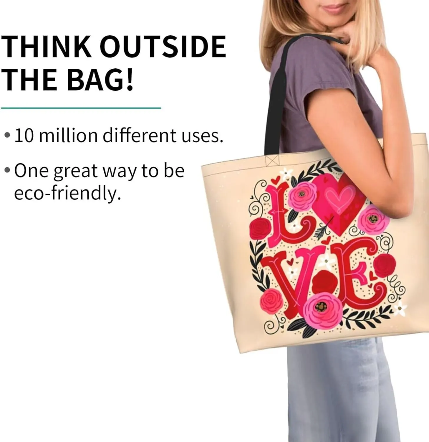 Valentine's Tote Bag Large with Interior Pocket Tote Bag Reusable by Shoulder Tote Bags Travel Bags Shopping Gift