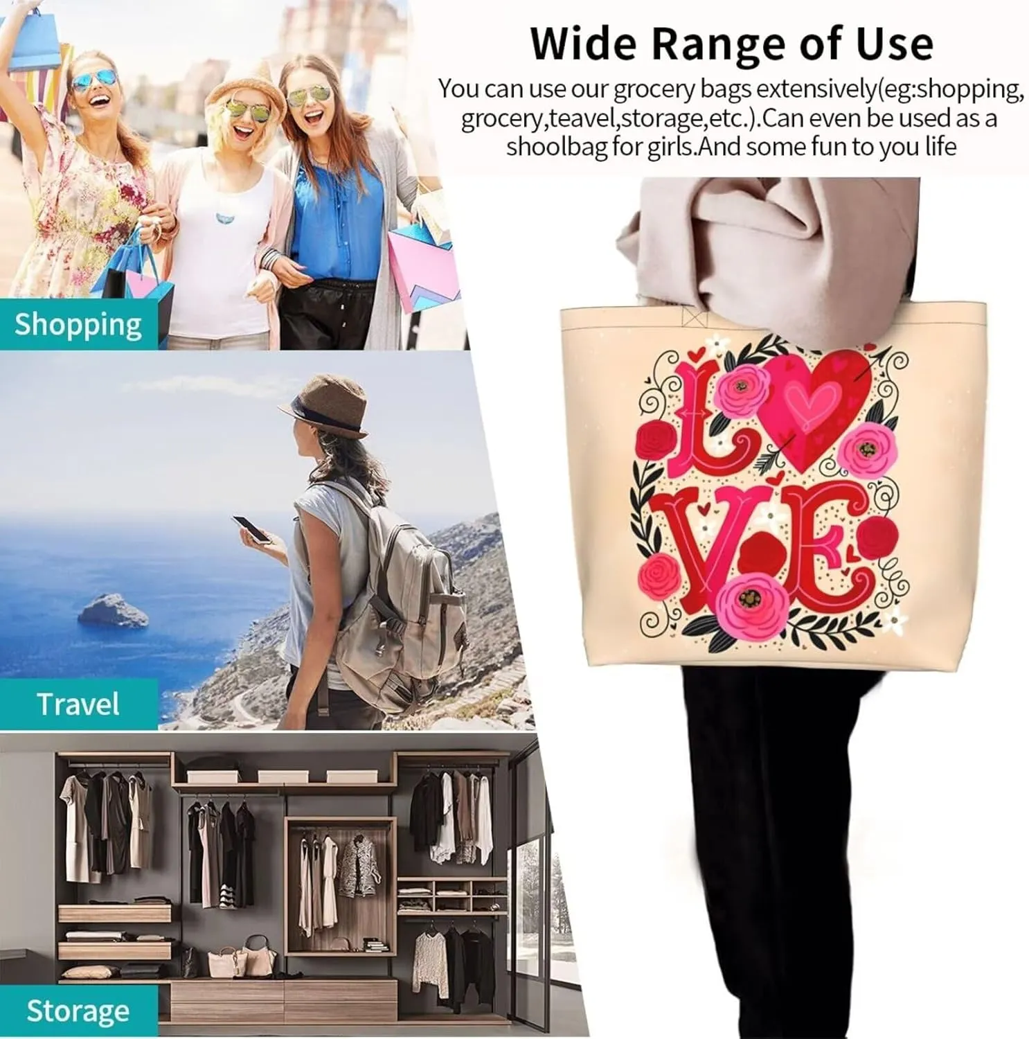 Valentine's Tote Bag Large with Interior Pocket Tote Bag Reusable by Shoulder Tote Bags Travel Bags Shopping Gift