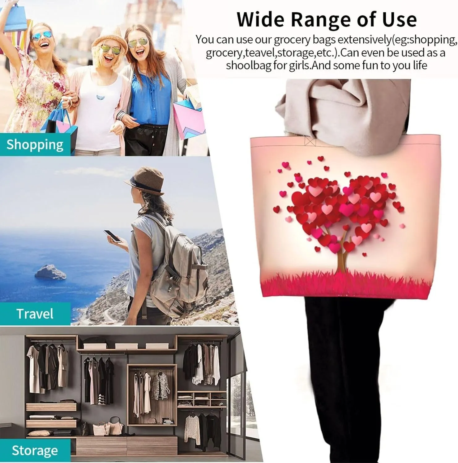 Valentine's Tote Bag Large with Interior Pocket Tote Bag Reusable by Shoulder Tote Bags Travel Bags Shopping Gift