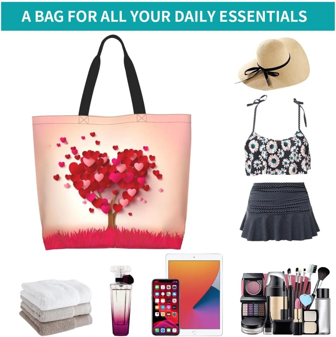 Valentine's Tote Bag Large with Interior Pocket Tote Bag Reusable by Shoulder Tote Bags Travel Bags Shopping Gift