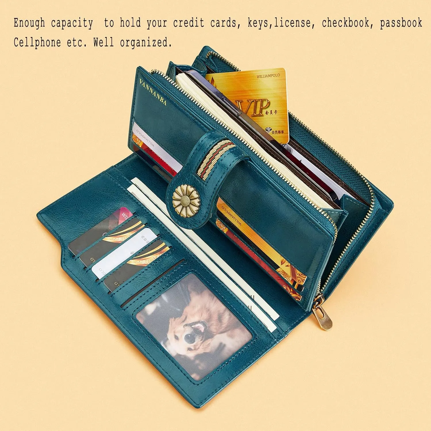 VANNANBA Womens Wallet Long Large RFID Oil-waxed Leather Clutch Wallet Wristlet Organized Purse