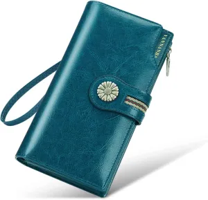 VANNANBA Womens Wallet Long Large RFID Oil-waxed Leather Clutch Wallet Wristlet Organized Purse