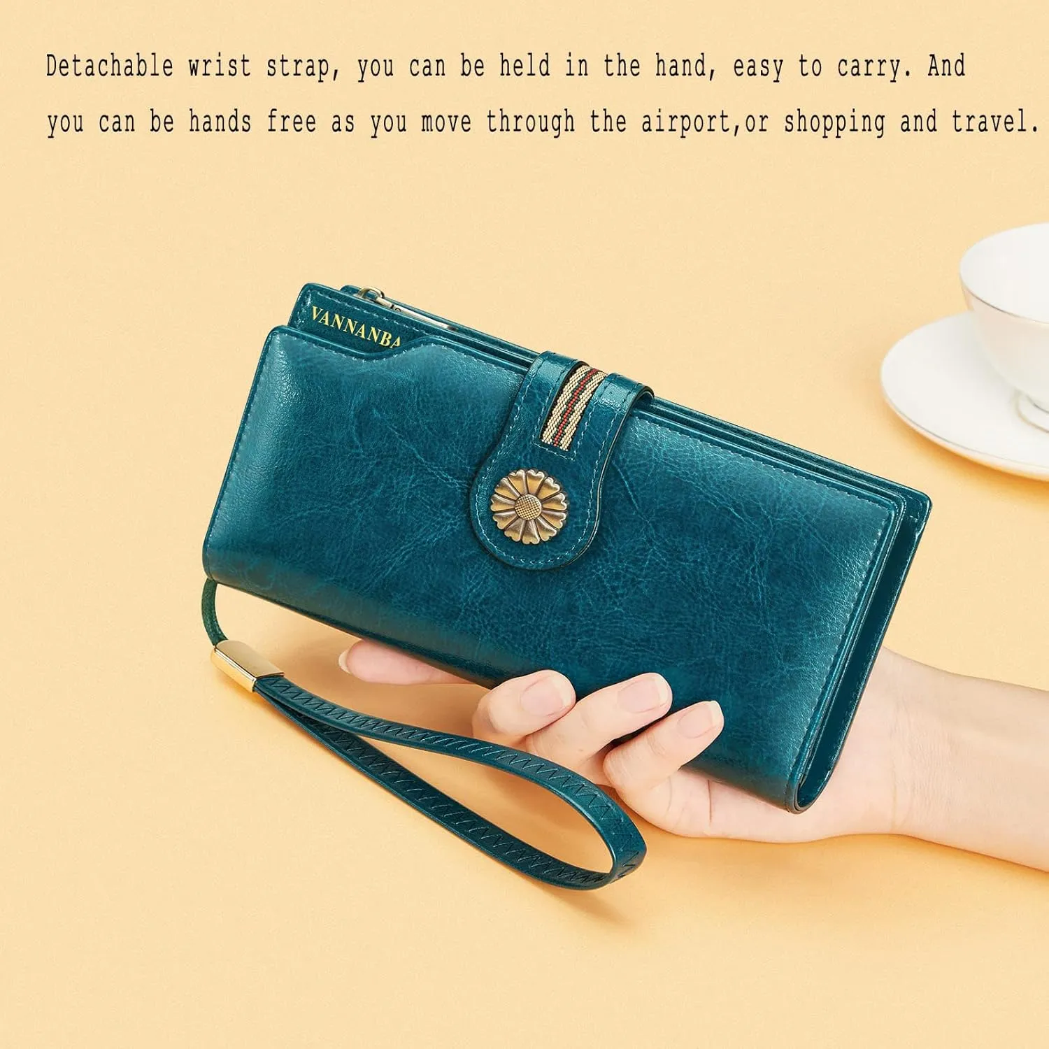 VANNANBA Womens Wallet Long Large RFID Oil-waxed Leather Clutch Wallet Wristlet Organized Purse