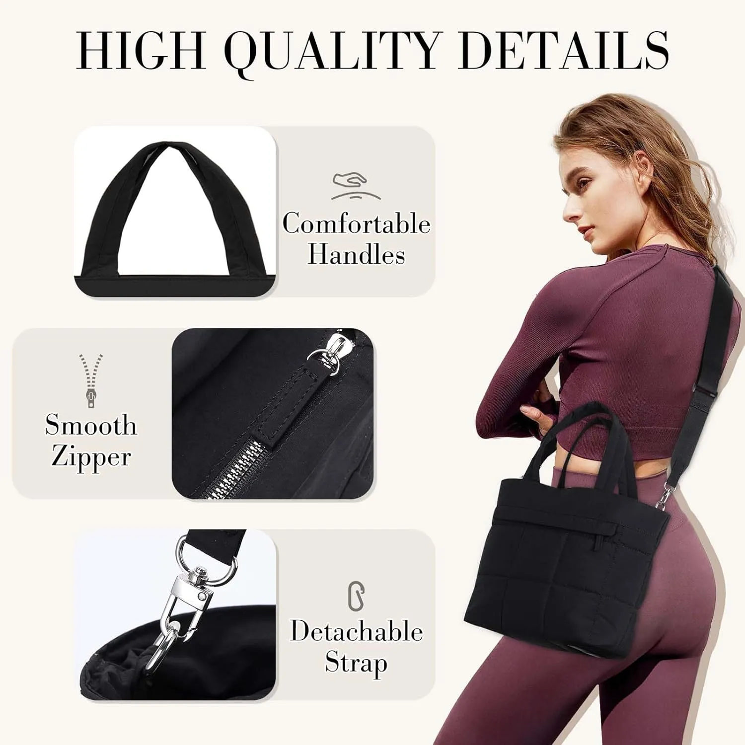 VASCHY Small Puffer Tote Bag for Women, Lightweight Mini Quilted Crossbody Cute Satchel Puffy Tote Handbag Purse for Gym