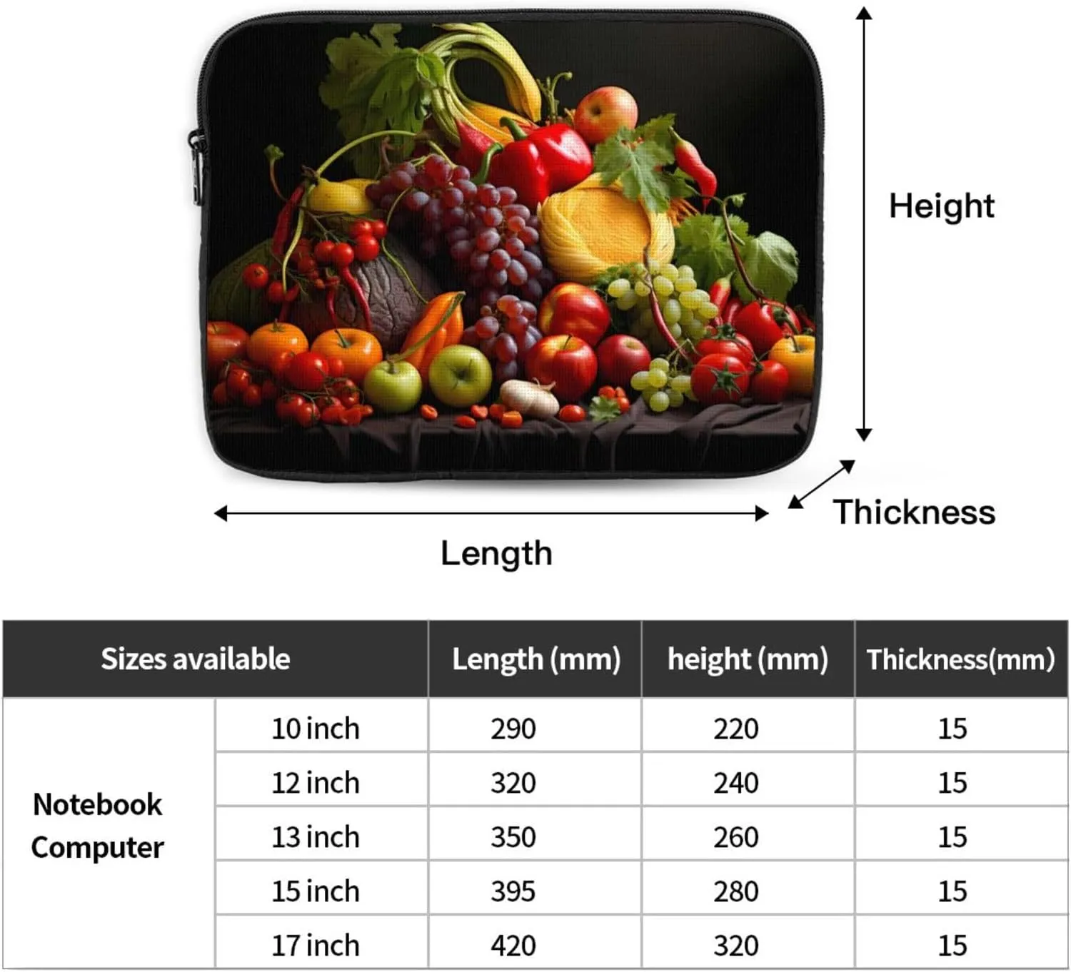 Vegetables and Fruits Pattern Shockproof Portable Laptop 17 inch Sleeve Bag for Men and Women - Ideal for Business Travel, School, and Daily Use